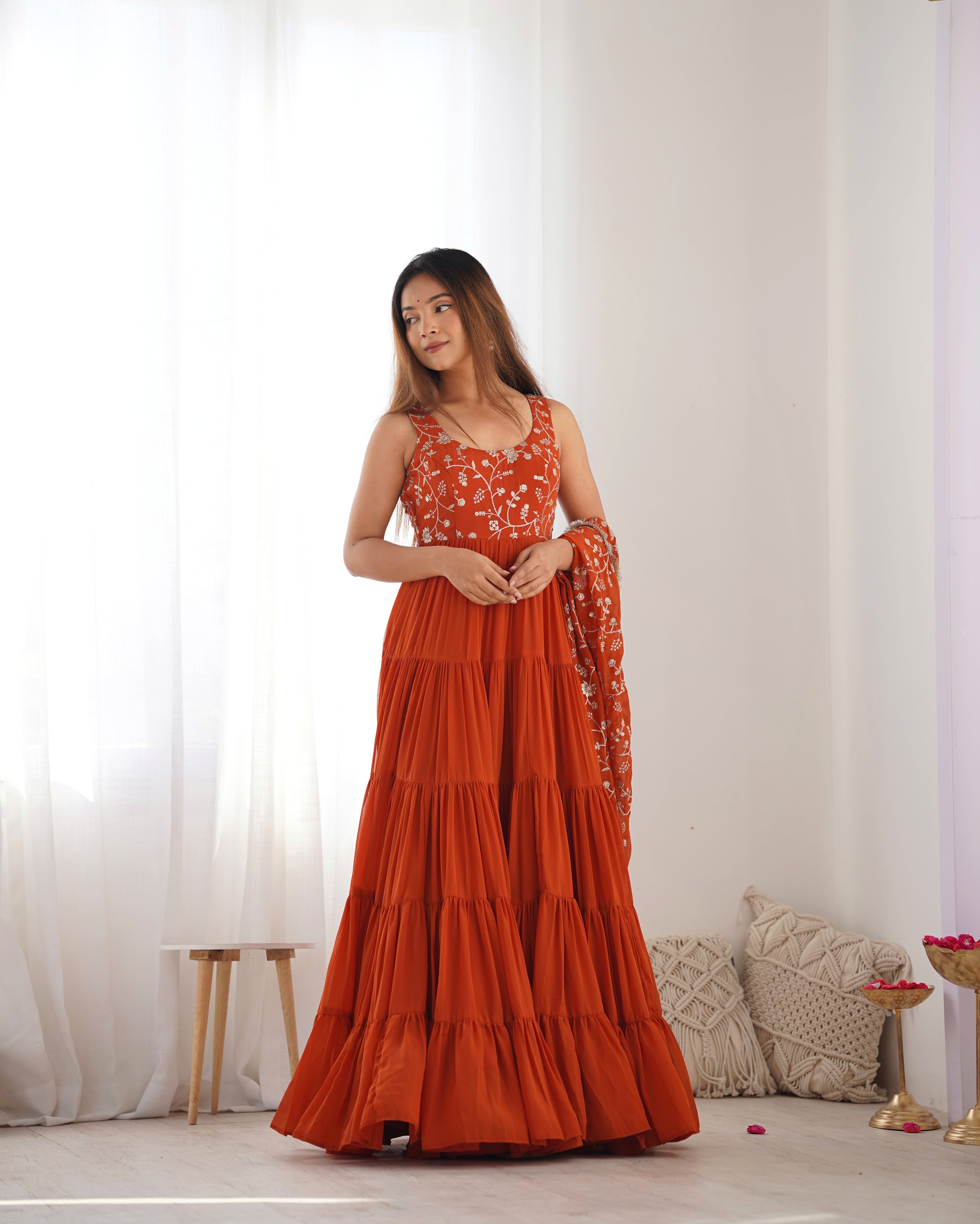 Lorenvalley Rust Faux Georgette Layer Gathering Anarkali Pant With Dupatta Set - Distacart