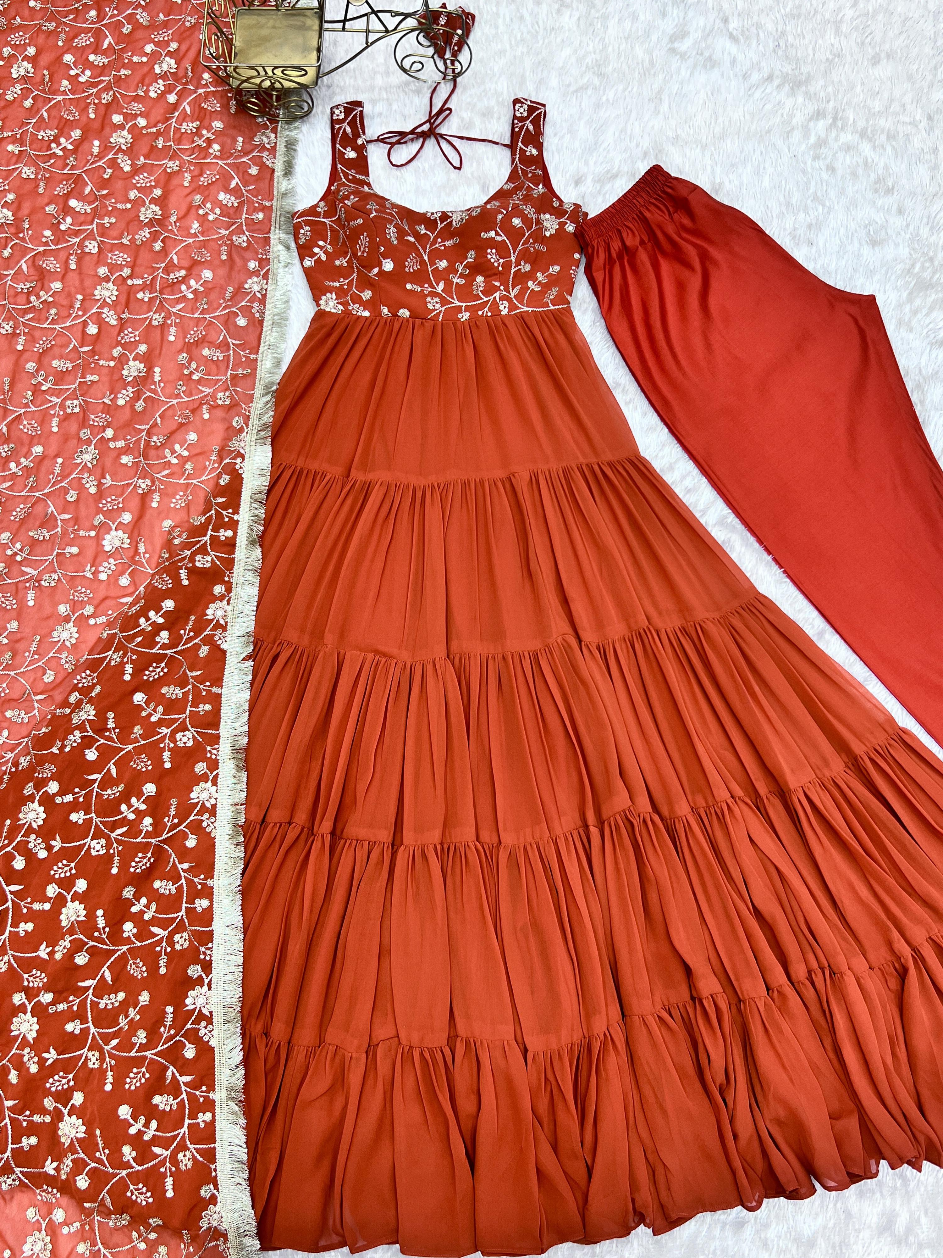 Lorenvalley Rust Faux Georgette Layer Gathering Anarkali Pant With Dupatta Set - Distacart