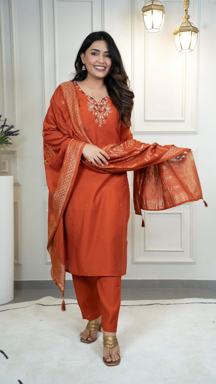 Lorenvalley Fashion Rust Roman Silk Hand Work Kurta Pant with Dupatta