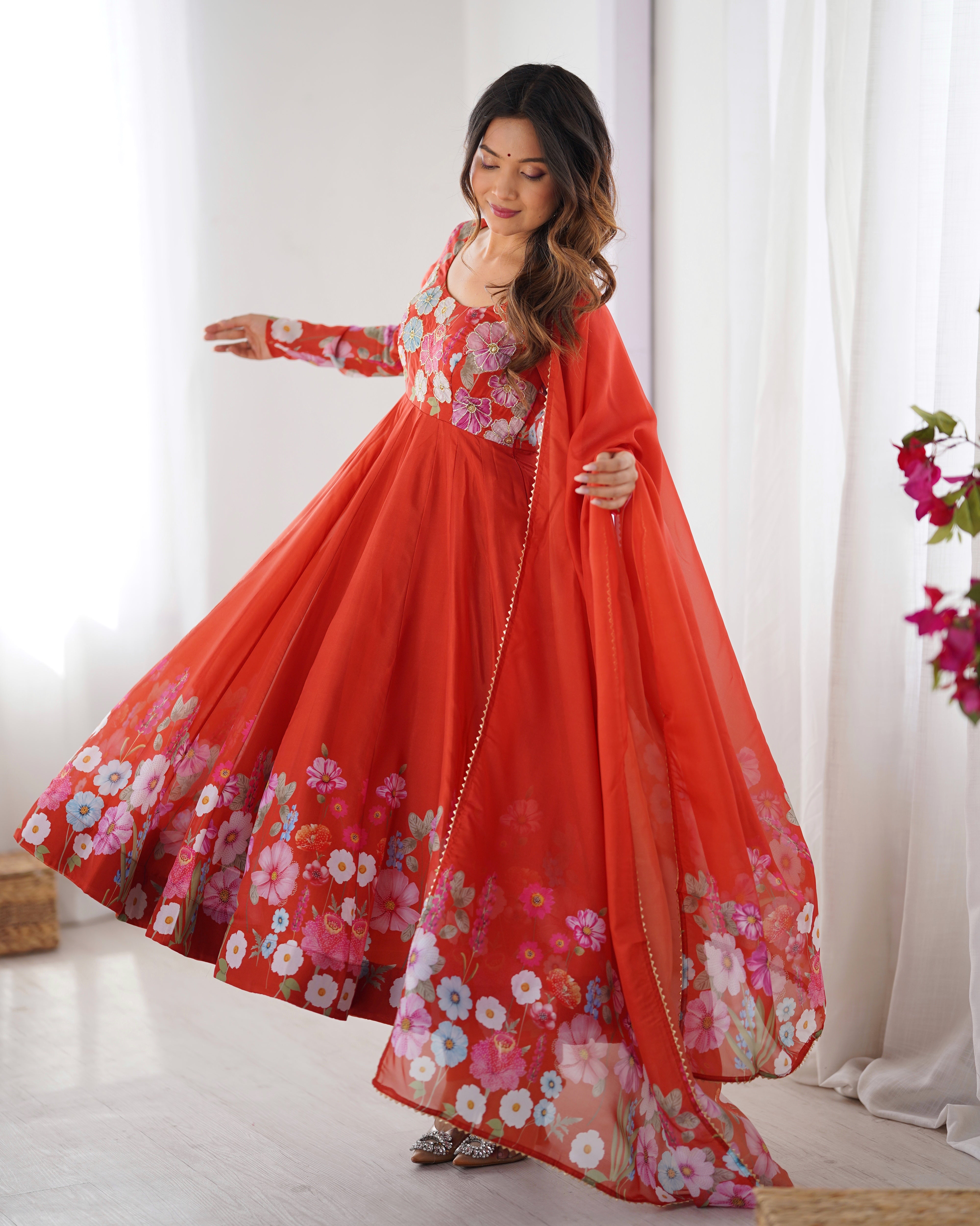 Lorenvalley Rust Soft Organza Silk With Floral Print Fully Flared Anarkali Pant With Dupatta Set