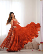 Thumbnail for Lorenvalley Rust Faux Georgette Layer Gathering Anarkali Pant With Dupatta Set - Distacart