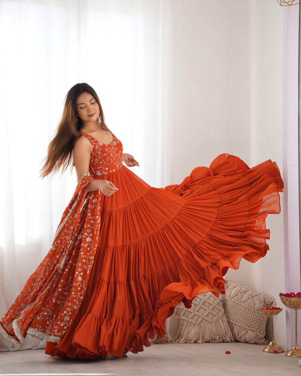 Lorenvalley Rust Faux Georgette Layer Gathering Anarkali Pant With Dupatta Set - Distacart
