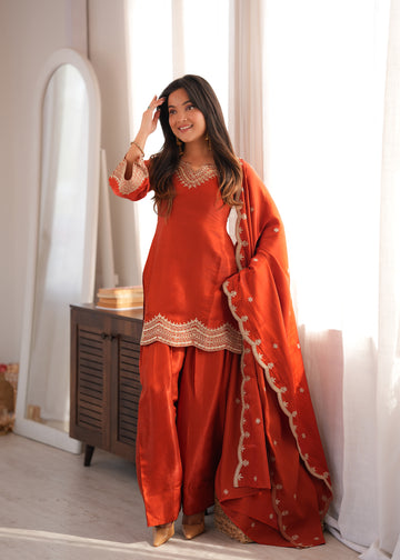 Lorenvalley Fashion Rust Glass Roman Silk with Embroidery Sequence Dori and Jari Work Kurta Farshi Salwar with Dupatta - Dista