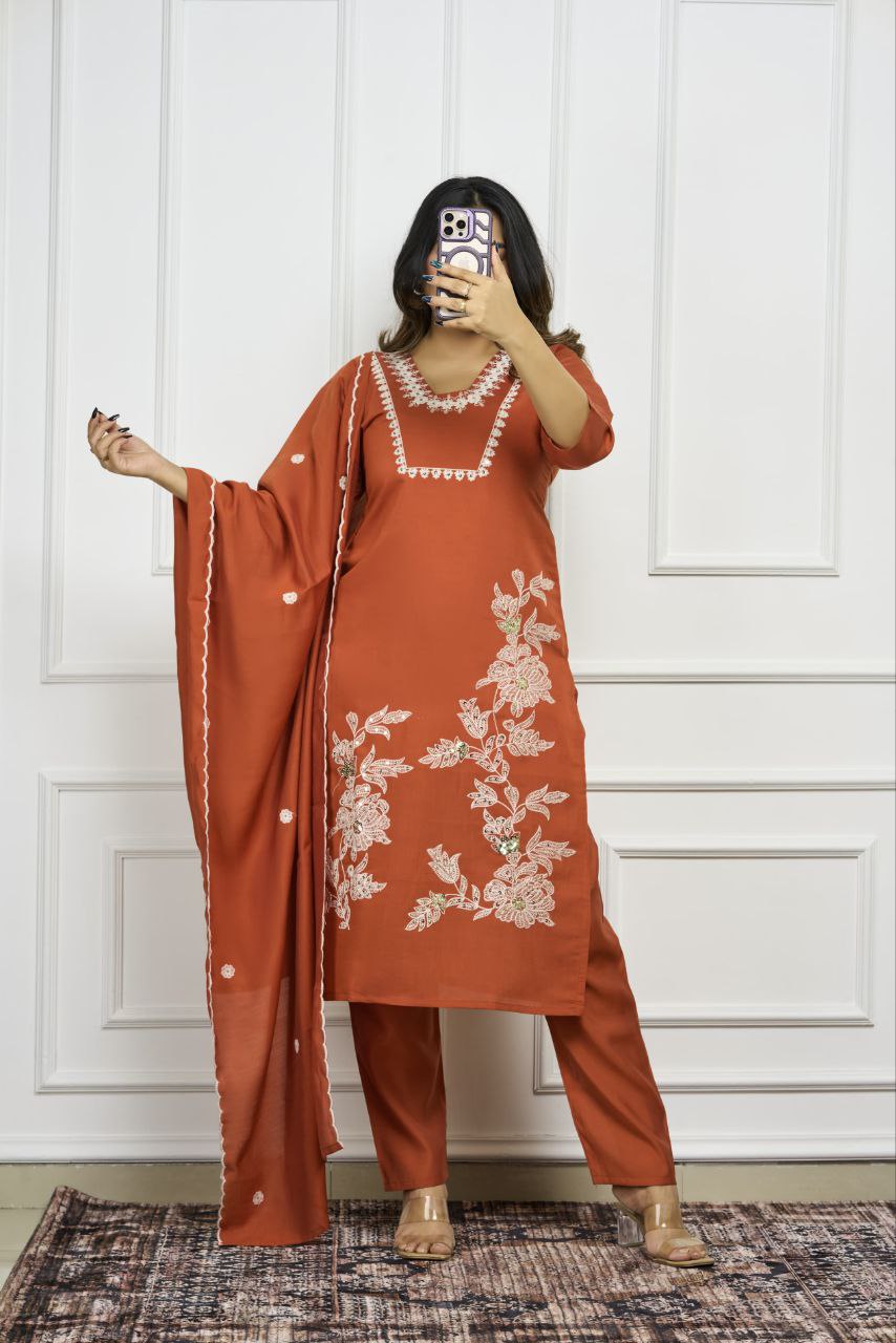 Lorenvalley Fashion Rust Roman Silk Embroidery with Sequence Work Kurta Pant with Dupatta