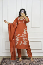 Thumbnail for Lorenvalley Fashion Rust Roman Silk Embroidery with Sequence Work Kurta Pant with Dupatta