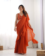 Thumbnail for Lorenvalley Rust Faux Georgette Ready To Wear Sharara Saree with Full Stitched Blouse