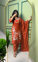 Thumbnail for Lorenvalley Fashion Rust Roman Silk Embroidery with Sequence Work Kurta Pant with Dupatta