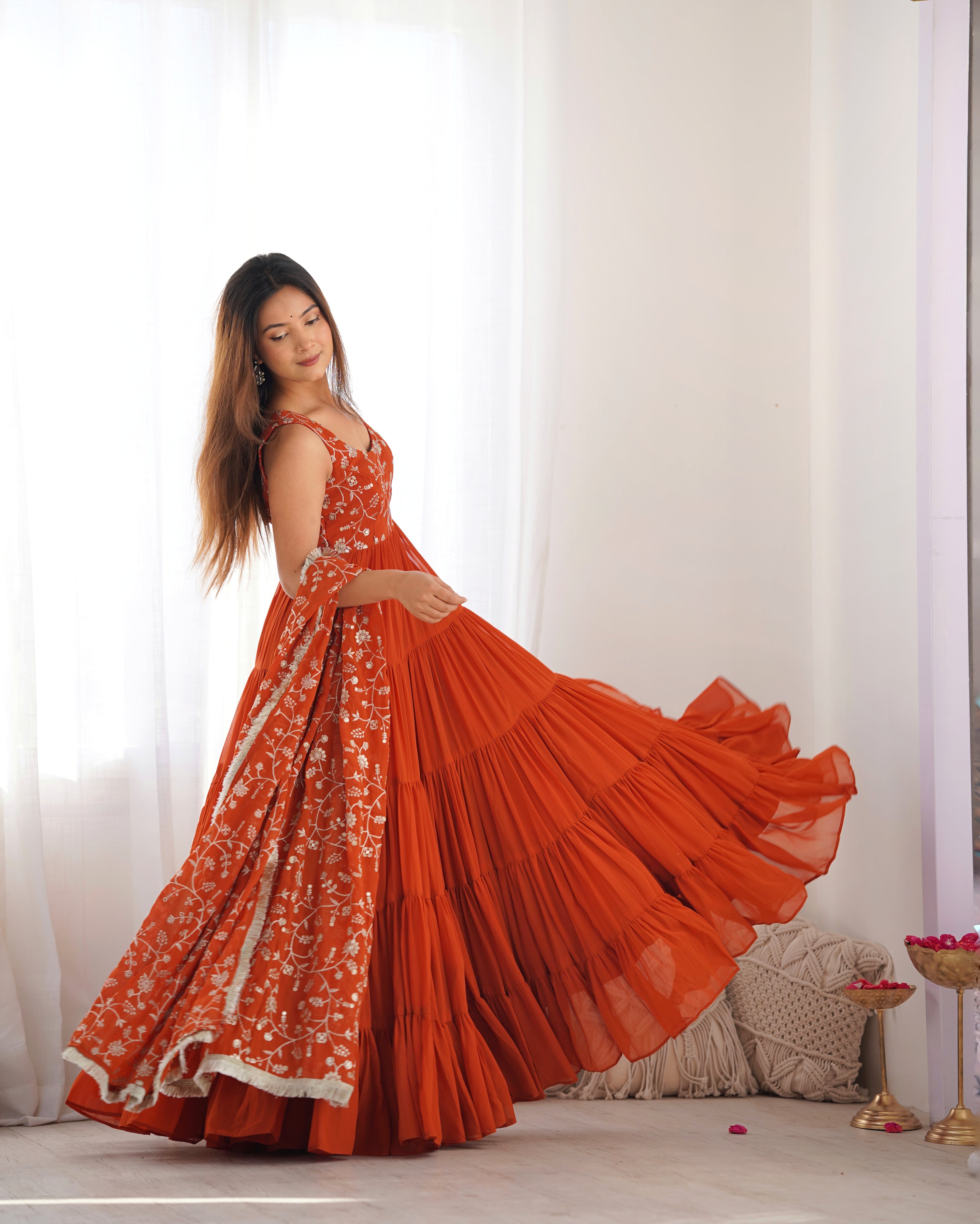Lorenvalley Rust Faux Georgette Layer Gathering Anarkali Pant With Dupatta Set - Distacart