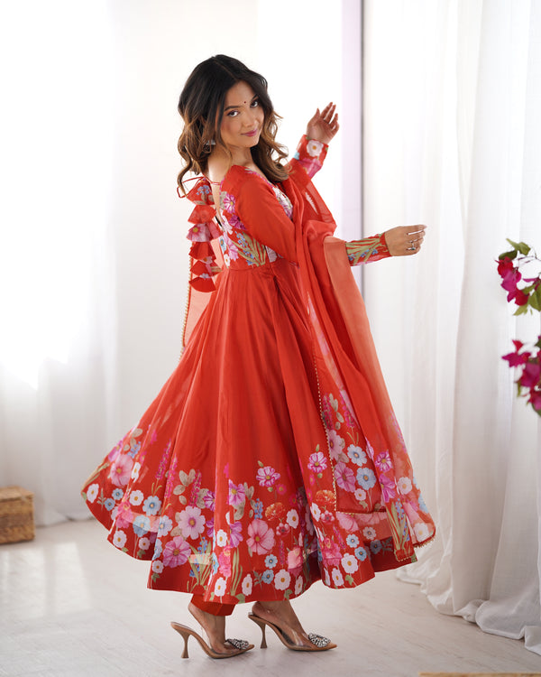 Lorenvalley Rust Soft Organza Silk With Floral Print Fully Flared Anarkali Pant With Dupatta Set