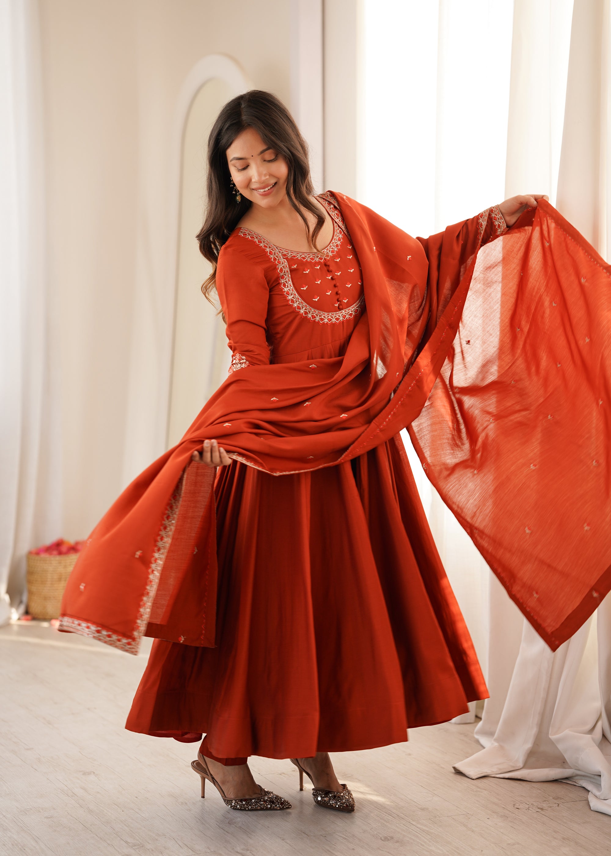 Lorenvalley Fashion Rust Roman Chanderi Silk Thread Work Anarkali Pants with Dupatta - Dista