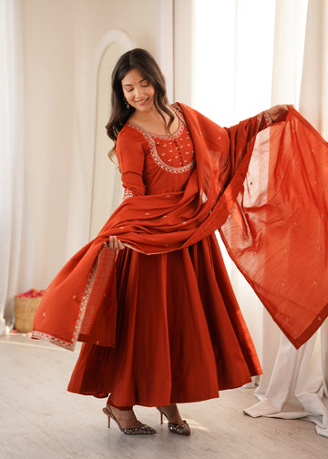Lorenvalley Fashion Rust Roman Chanderi Silk Thread Work Anarkali Pants with Dupatta - Dista
