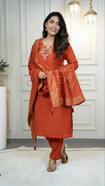 Thumbnail for Lorenvalley Fashion Rust Roman Silk Hand Work Kurta Pant with Dupatta