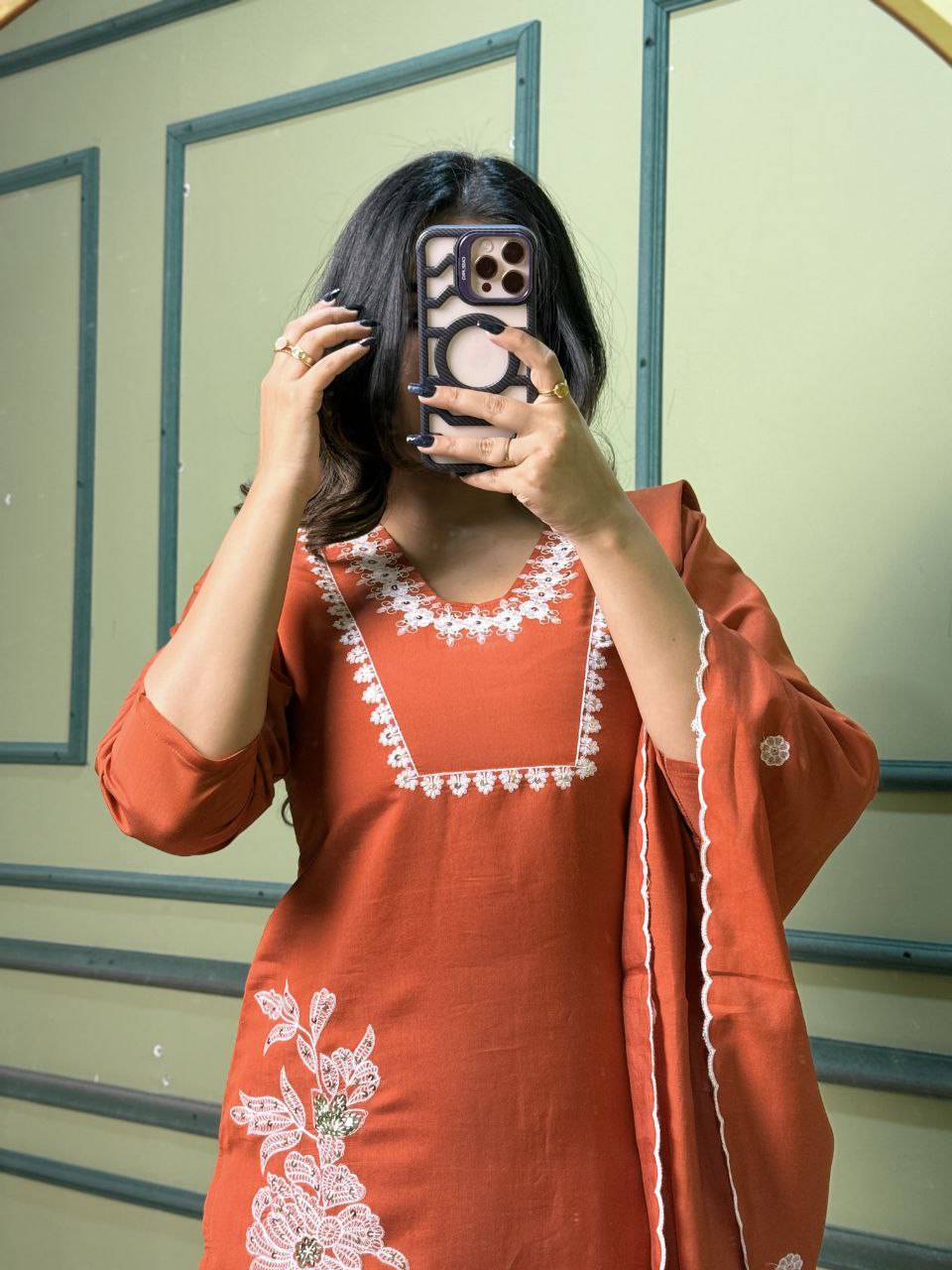 Lorenvalley Fashion Rust Roman Silk Embroidery with Sequence Work Kurta Pant with Dupatta
