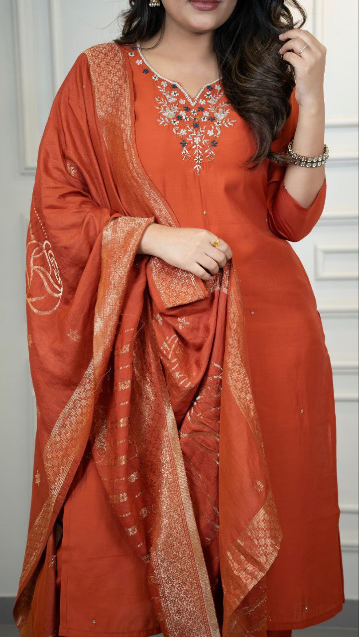 Lorenvalley Fashion Rust Roman Silk Hand Work Kurta Pant with Dupatta