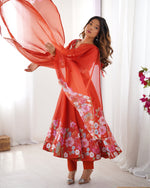 Thumbnail for Lorenvalley Rust Soft Organza Silk With Floral Print Fully Flared Anarkali Pant With Dupatta Set