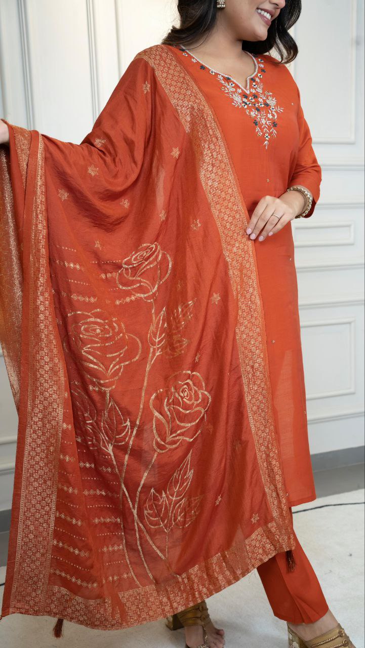 Lorenvalley Fashion Rust Roman Silk Hand Work Kurta Pant with Dupatta
