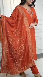 Thumbnail for Lorenvalley Fashion Rust Roman Silk Hand Work Kurta Pant with Dupatta