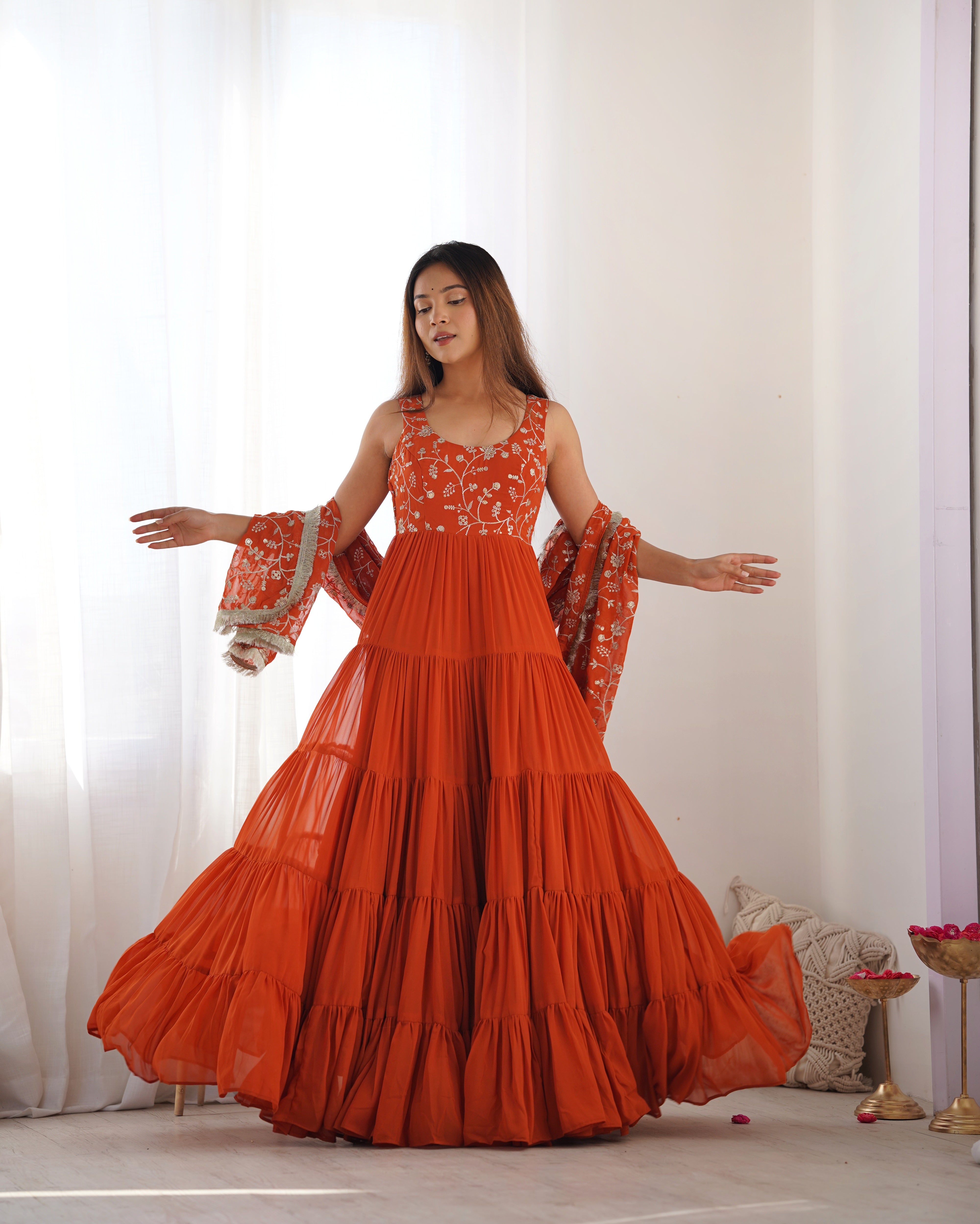 Lorenvalley Rust Faux Georgette Layer Gathering Anarkali Pant With Dupatta Set - Distacart