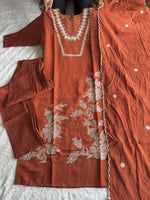 Thumbnail for Lorenvalley Fashion Rust Roman Silk Embroidery with Sequence Work Kurta Pant with Dupatta