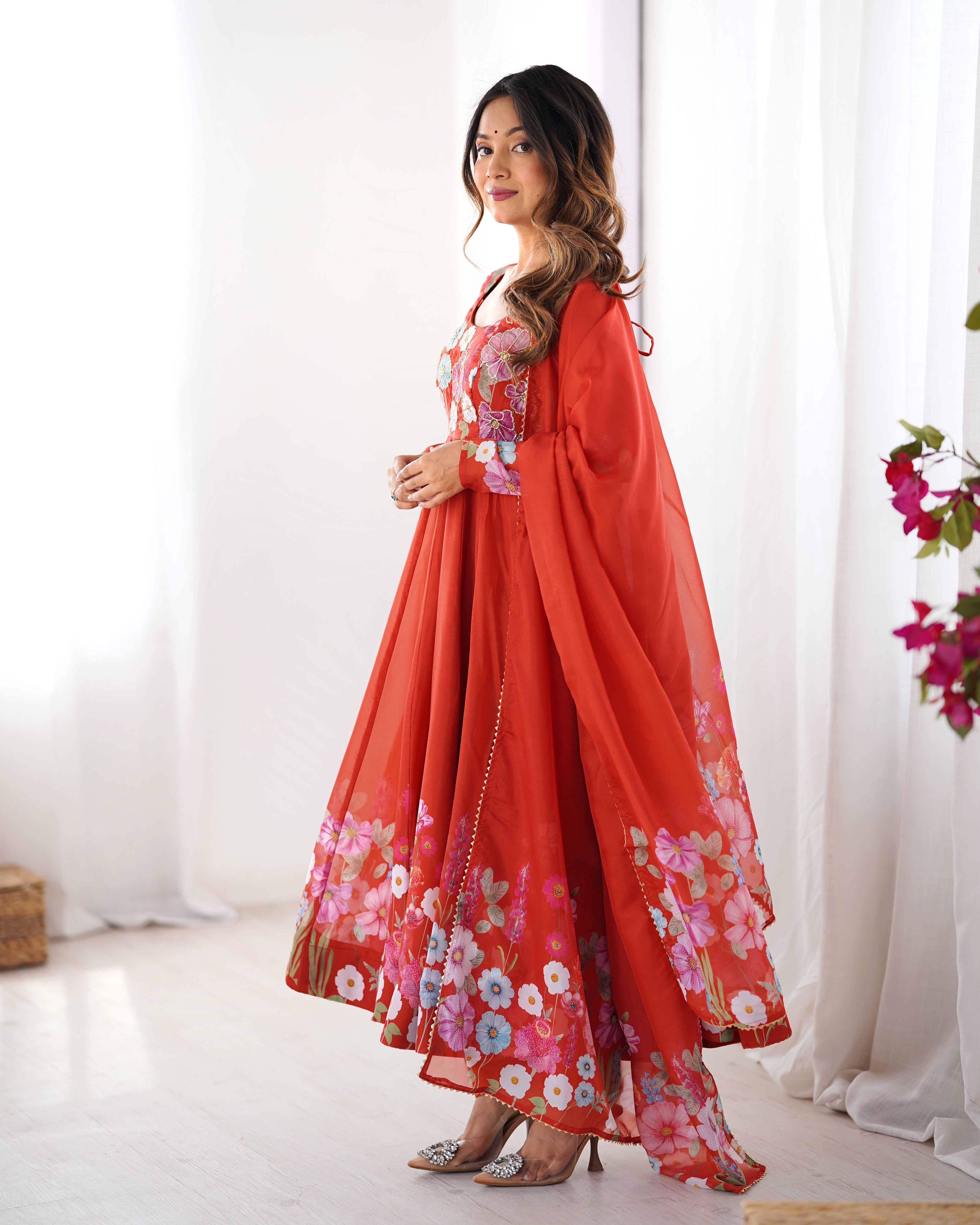 Lorenvalley Rust Soft Organza Silk With Floral Print Fully Flared Anarkali Pant With Dupatta Set