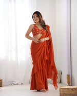 Thumbnail for Lorenvalley Rust Faux Georgette Ready To Wear Sharara Saree with Full Stitched Blouse