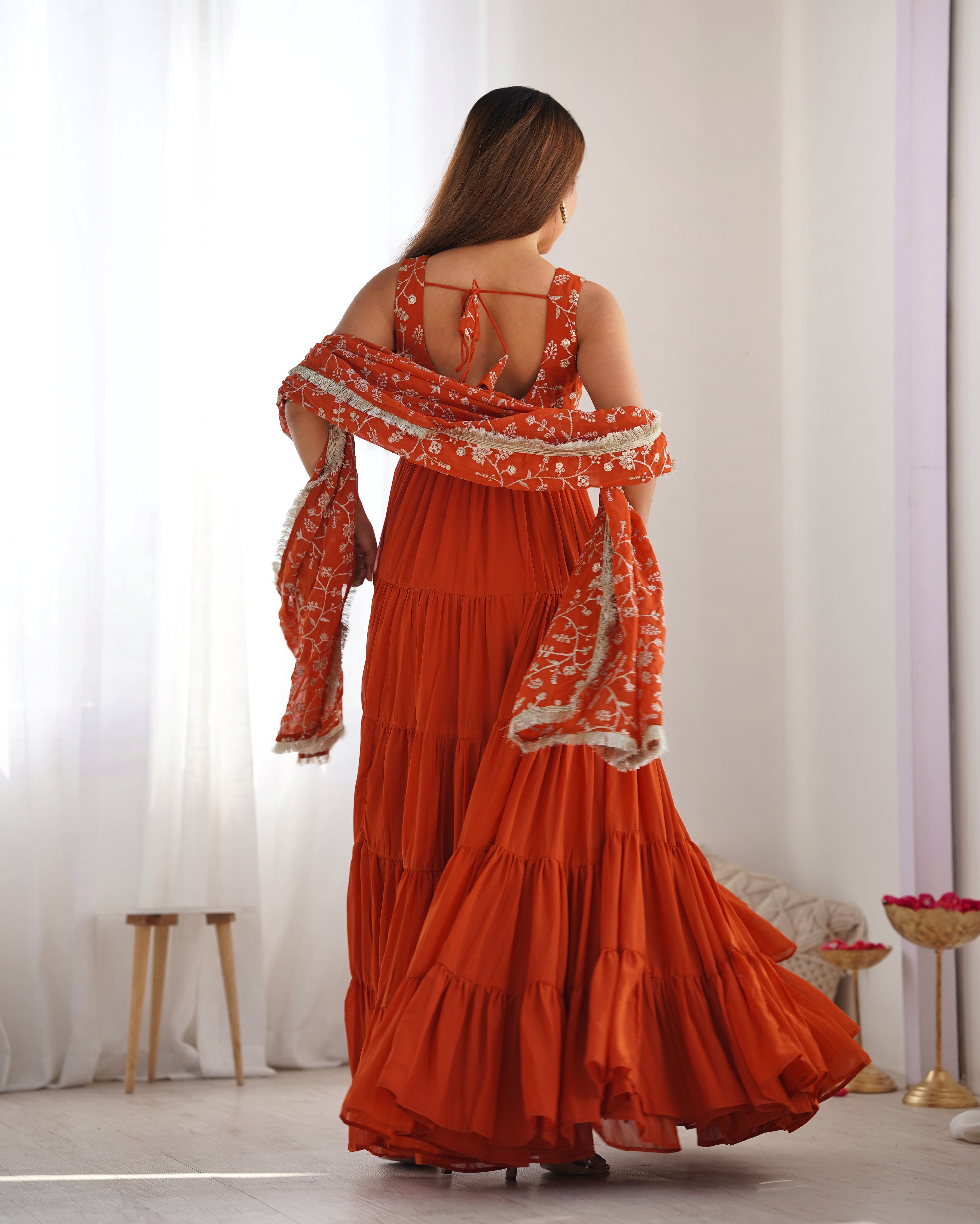 Lorenvalley Rust Faux Georgette Layer Gathering Anarkali Pant With Dupatta Set - Distacart