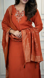 Thumbnail for Lorenvalley Fashion Rust Roman Silk Hand Work Kurta Pant with Dupatta