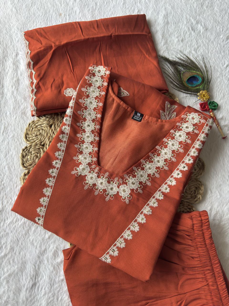 Lorenvalley Fashion Rust Roman Silk Embroidery with Sequence Work Kurta Pant with Dupatta