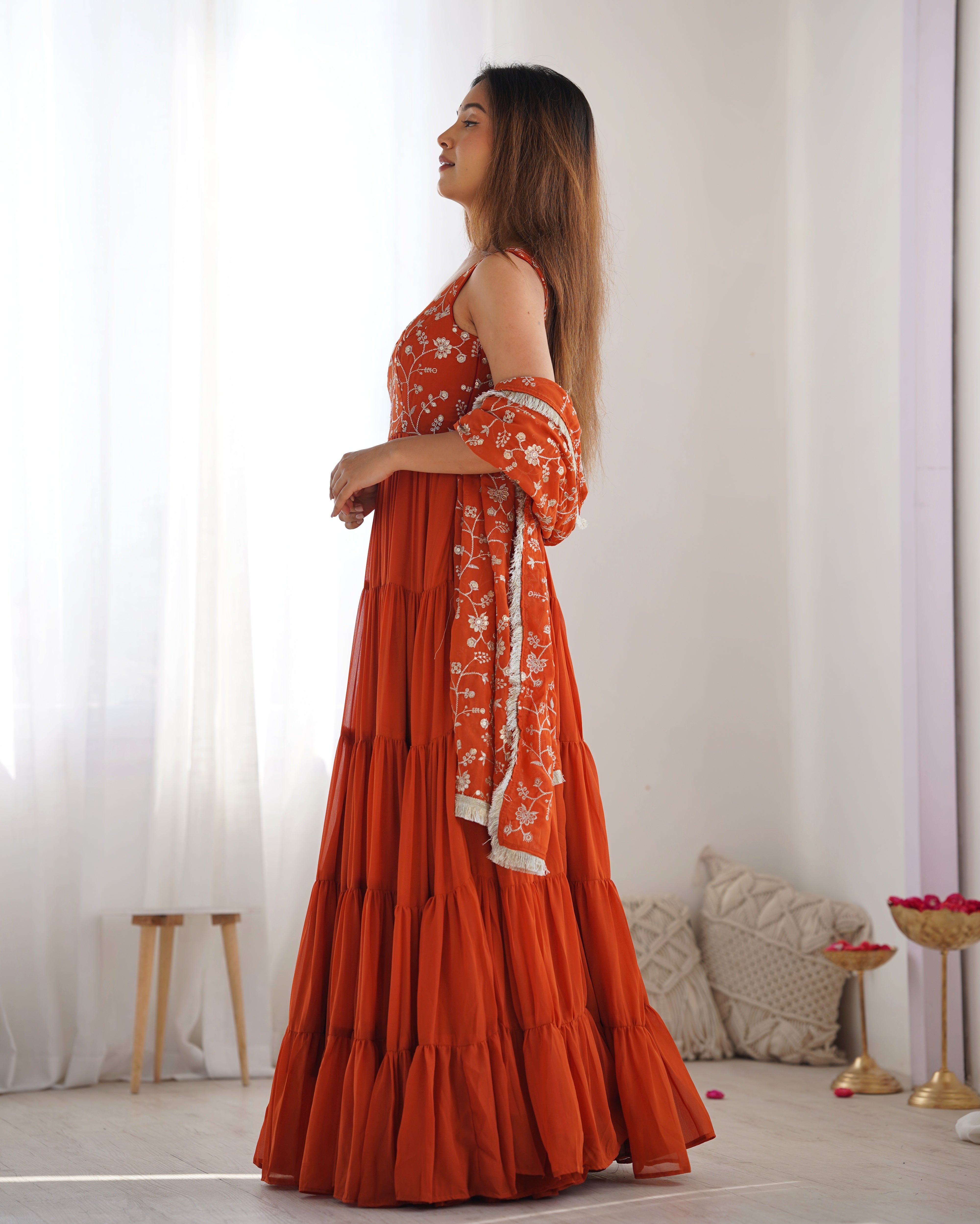 Lorenvalley Rust Faux Georgette Layer Gathering Anarkali Pant With Dupatta Set - Distacart