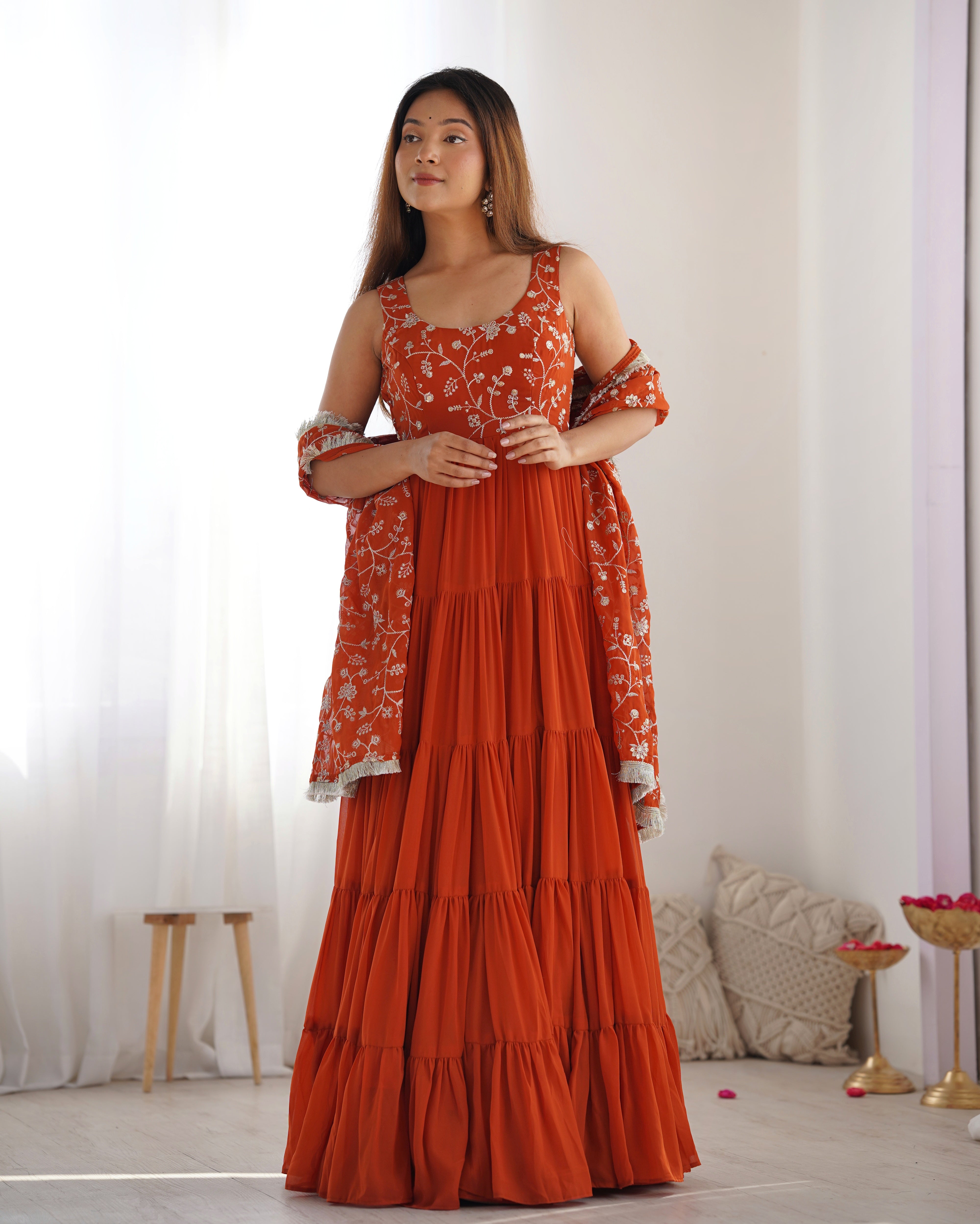 Lorenvalley Rust Faux Georgette Layer Gathering Anarkali Pant With Dupatta Set - Distacart