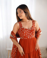 Thumbnail for Lorenvalley Rust Faux Georgette Layer Gathering Anarkali Pant With Dupatta Set - Distacart