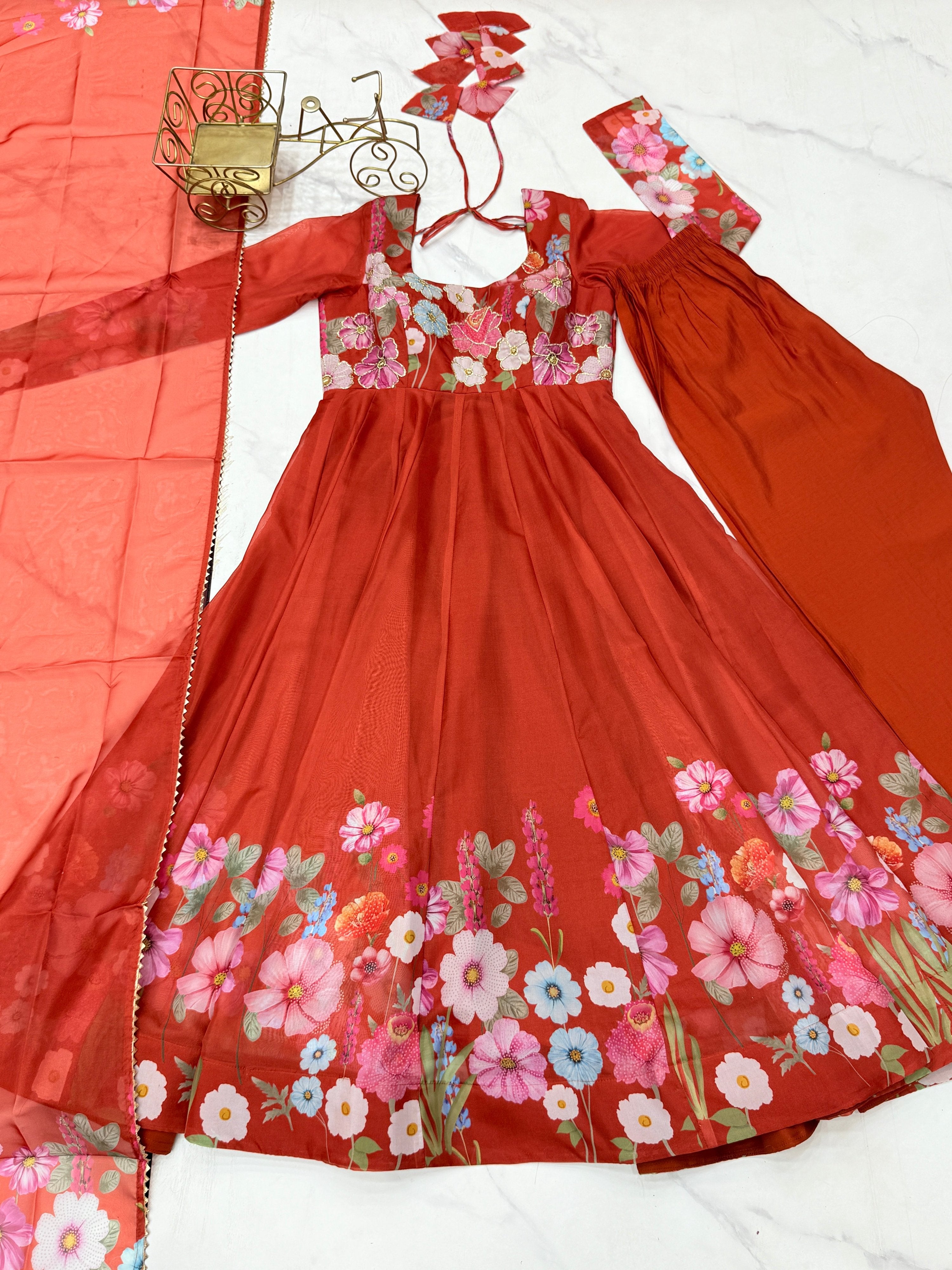 Lorenvalley Rust Soft Organza Silk With Floral Print Fully Flared Anarkali Pant With Dupatta Set