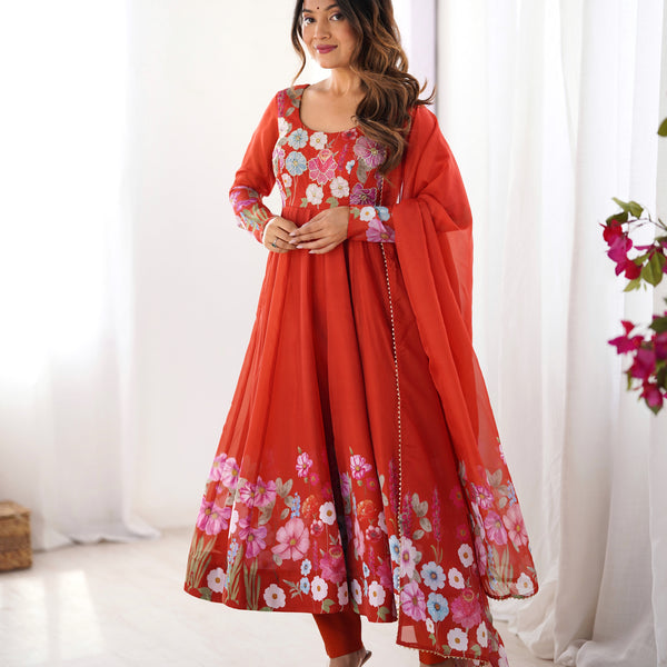 Lorenvalley Rust Soft Organza Silk With Floral Print Fully Flared Anarkali Pant With Dupatta Set - Distacart