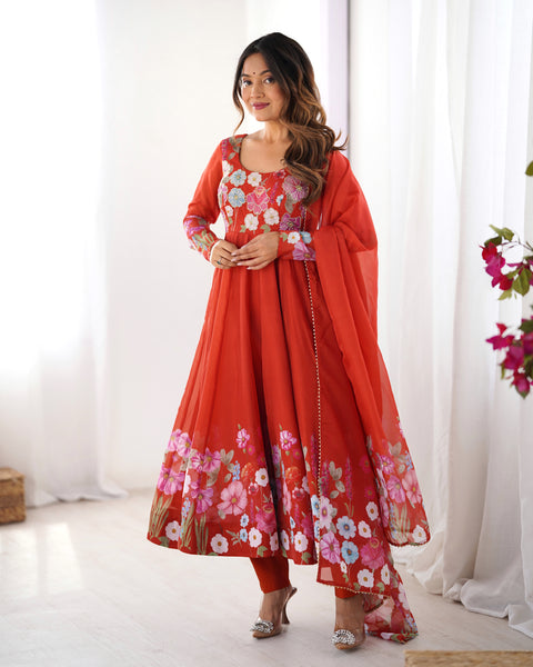 Lorenvalley Rust Soft Organza Silk With Floral Print Fully Flared Anarkali Pant With Dupatta Set