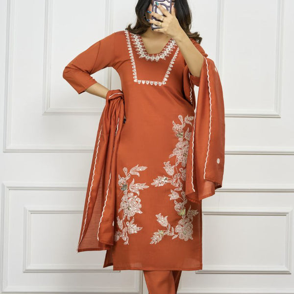 Lorenvalley Fashion Rust Roman Silk Embroidery with Sequence Work Kurta Pant with Dupatta - Distacart