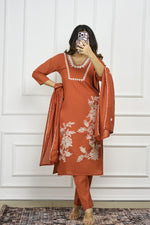 Thumbnail for Lorenvalley Fashion Rust Roman Silk Embroidery with Sequence Work Kurta Pant with Dupatta