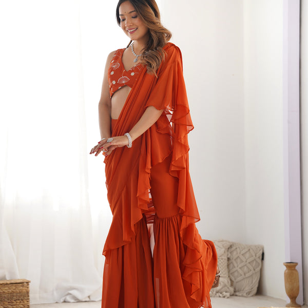 Lorenvalley Rust Faux Georgette Ready To Wear Sharara Saree with Full Stitched Blouse - Distacart