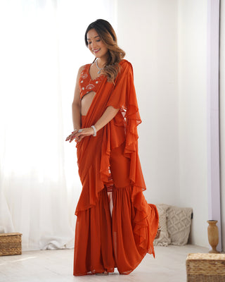 Lorenvalley Rust Faux Georgette Ready To Wear Sharara Saree with Full Stitched Blouse