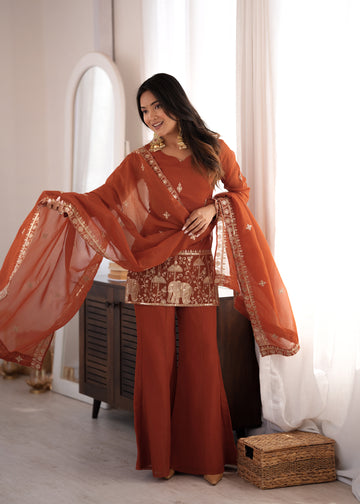 Lorenvalley Fashion Rust Crunchy Silk with Embroidery Sequins and Zari Work Kurta Bell Bottom Pant with Dupatta - Dista