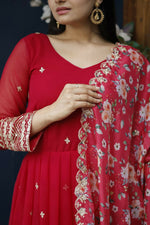 Thumbnail for Jyoti Fashion Women's Red Faux Blooming Sequins with Zari Embroidery Anarkali Dress with Dupatta - Distacart