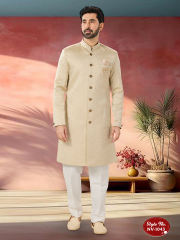 Joban Fashion Men's Beige Straight Swed Velvet Self-Design In Fabric Indo-Western Kurta Set - Distacart