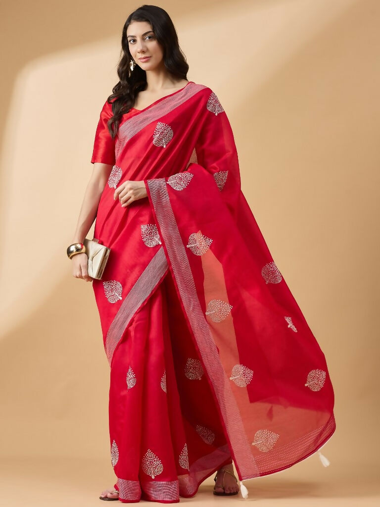 Red Cotton Blend Thread Embroidered Saree with Unstitched Blouse - Satya - Distacart