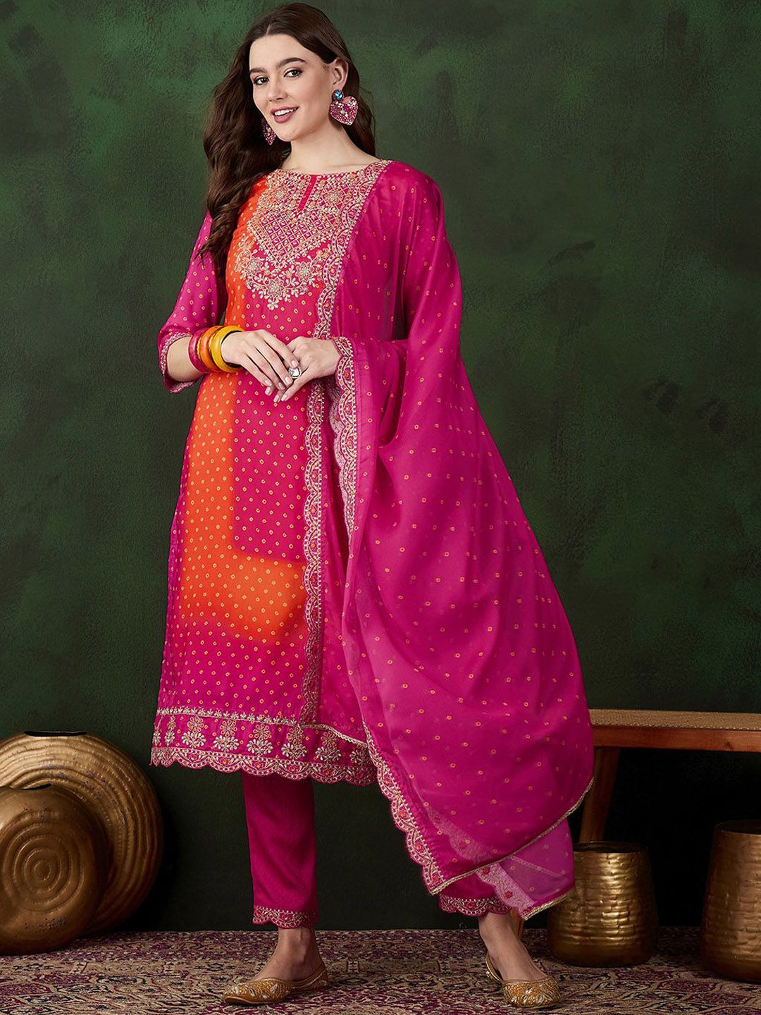 Sangria Floral Printed Zari & Sequinned Straight Kurta & Palazzo With Dupatta - Distacart