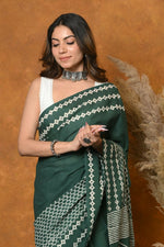 Thumbnail for Very Much Indian Handblock Printed Cotton Saree With Natural Dyes - Leaf Green - Distacart