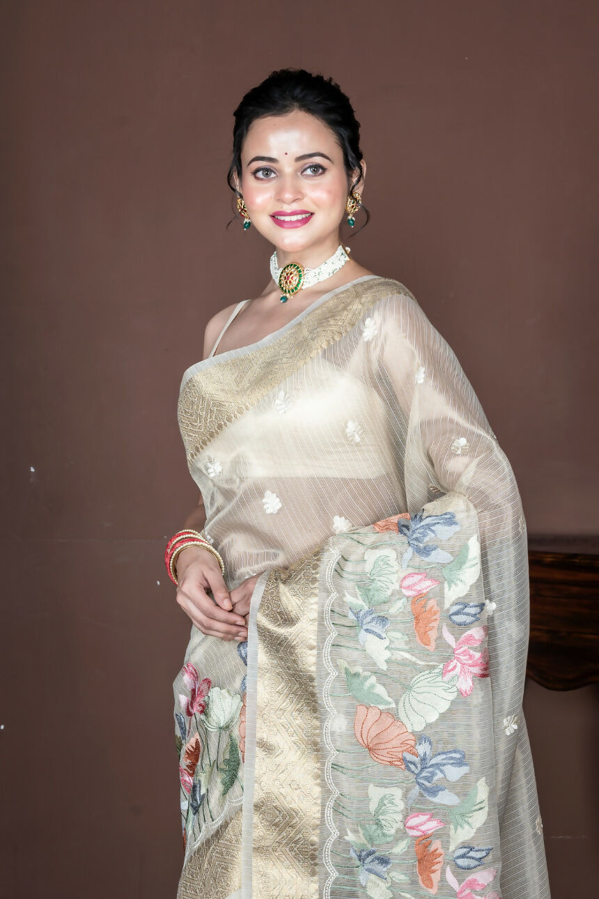 Morchari Beige Banarasi Tissue Computer Embroidery Saree Unstitched Blouse