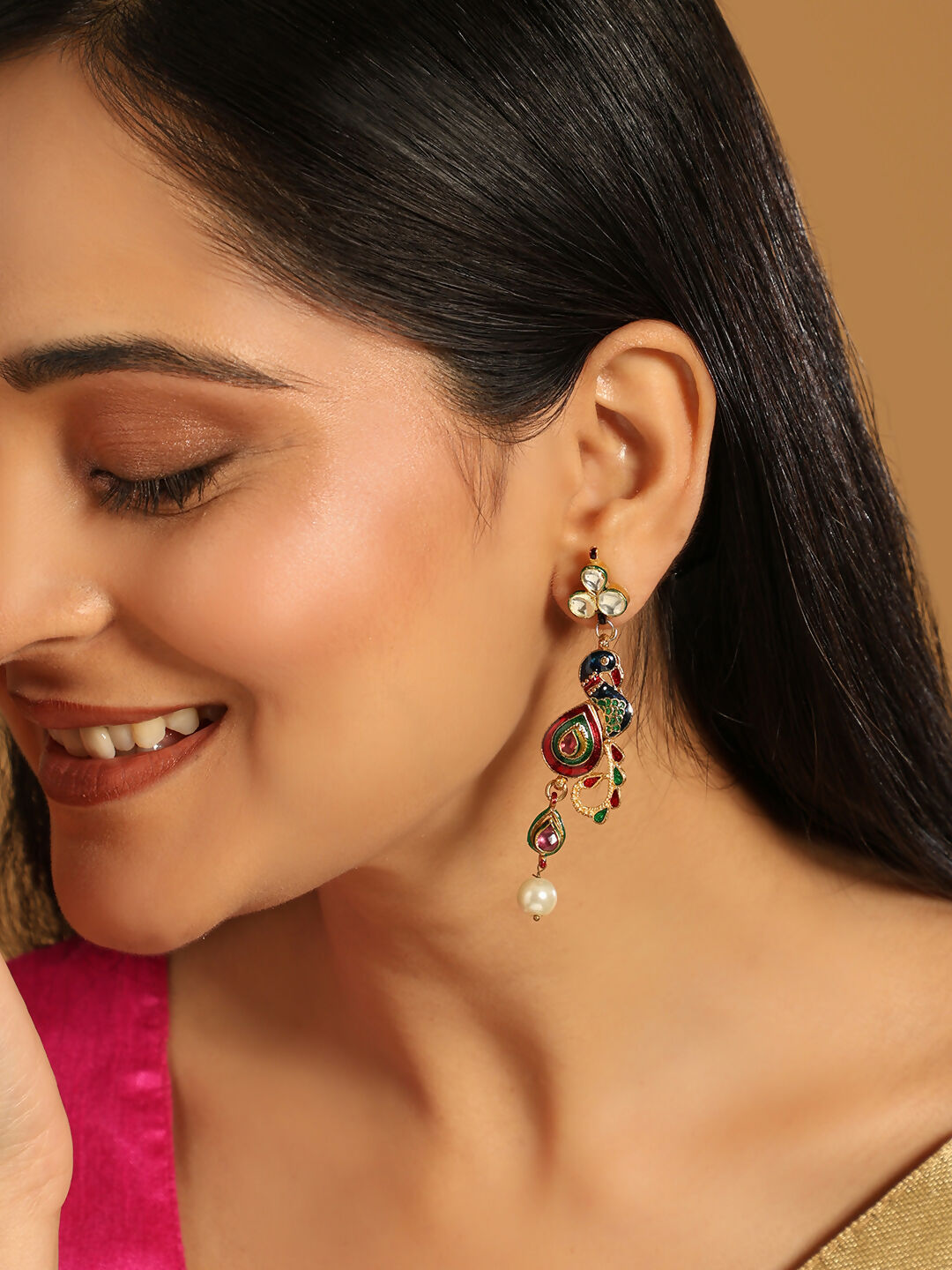 Nuyug 22K Gold Plated Pearl Drop Kundan Studded Ethnic Peacock Shaped Drop Earrings