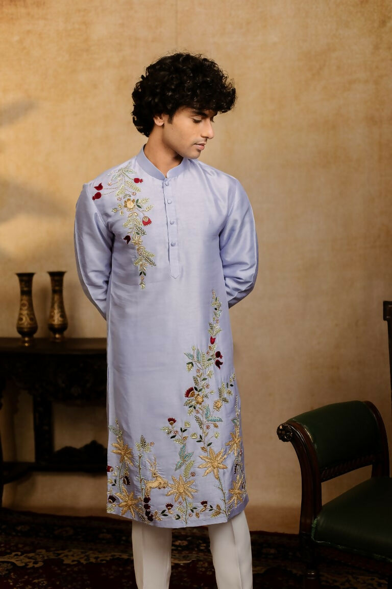 Falling Raw Silk Power Blue Botanical Bloom Kurta Set By Hilo Design