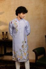 Thumbnail for Falling Raw Silk Power Blue Botanical Bloom Kurta Set By Hilo Design