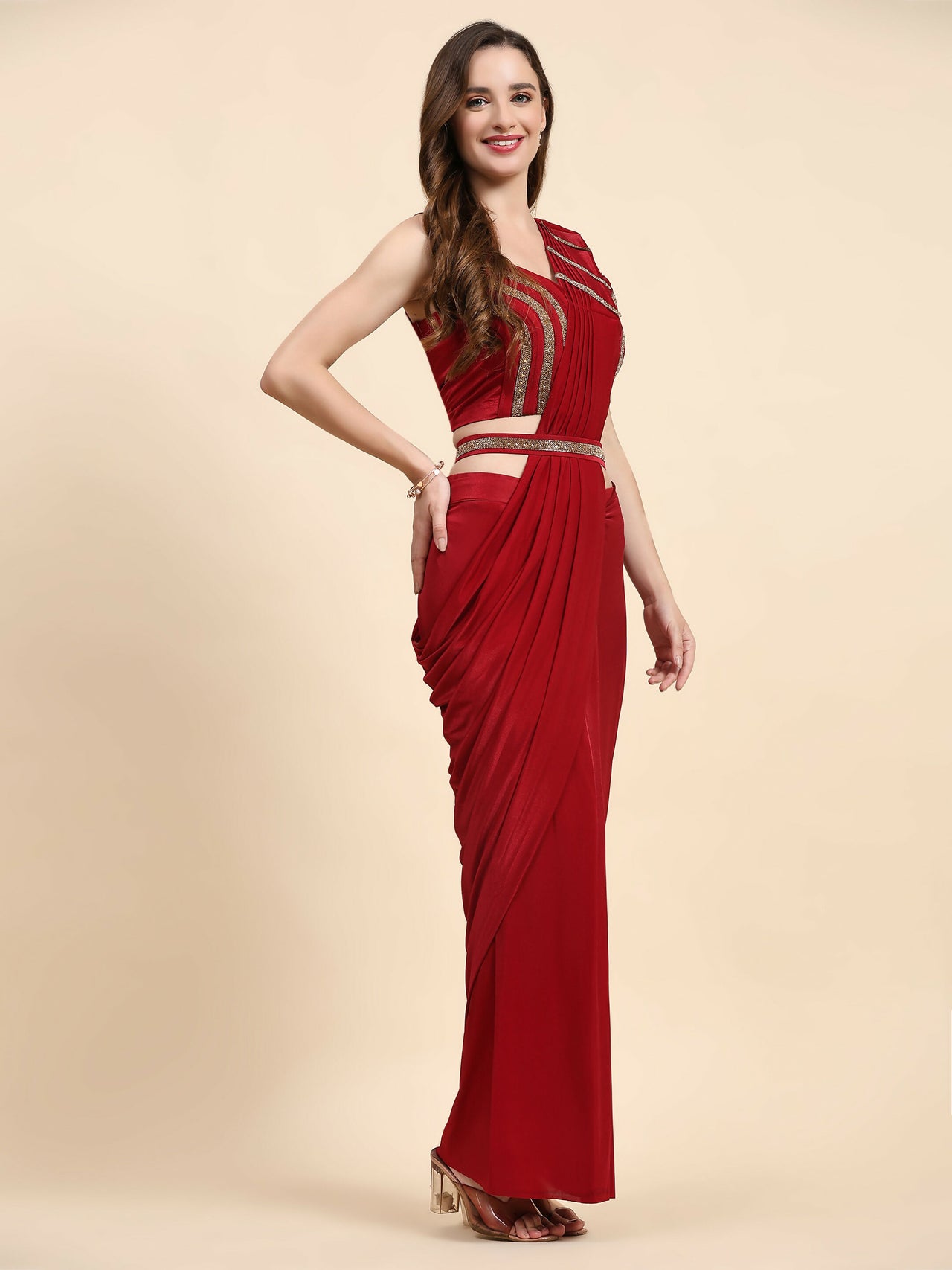 Red Imported Crystle Solid Ready to Wear Saree with stitched Blouse - Nita - Distacart
