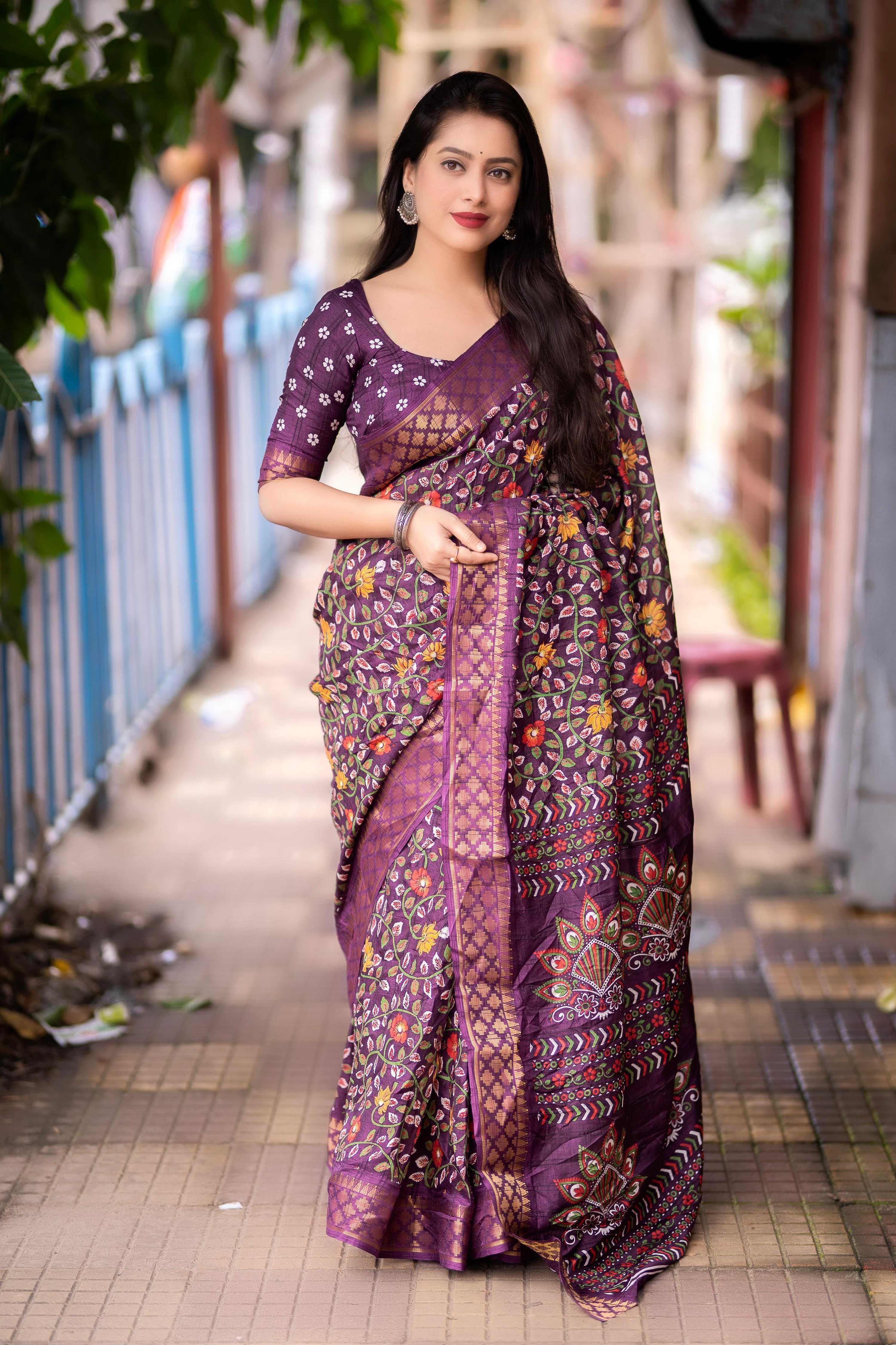 Purple Slub Silk Printed Saree with Unstitched Blouse - Hiral Fashion - Distacart